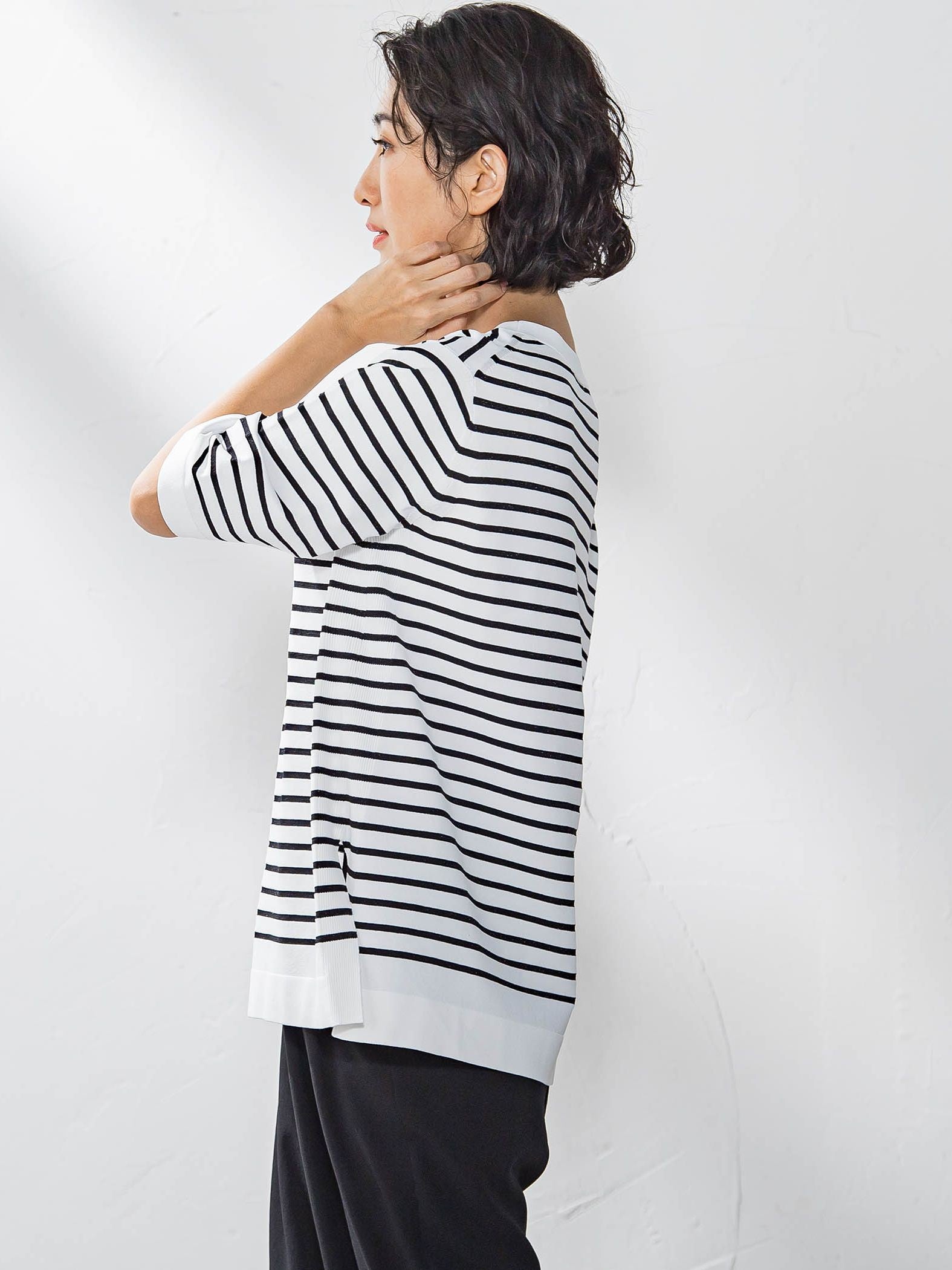 【大きいサイズ】Tシャツ風ボーダーニットプルオーバー≪手洗い可能≫