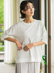 【大きいサイズ】Tシャツ風ボーダーニットプルオーバー≪手洗い可能≫