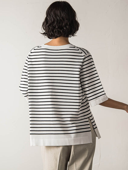 【大きいサイズ】Tシャツ風ボーダーニットプルオーバー≪手洗い可能≫