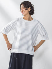 【大きいサイズ】Tシャツ風ボーダーニットプルオーバー≪手洗い可能≫